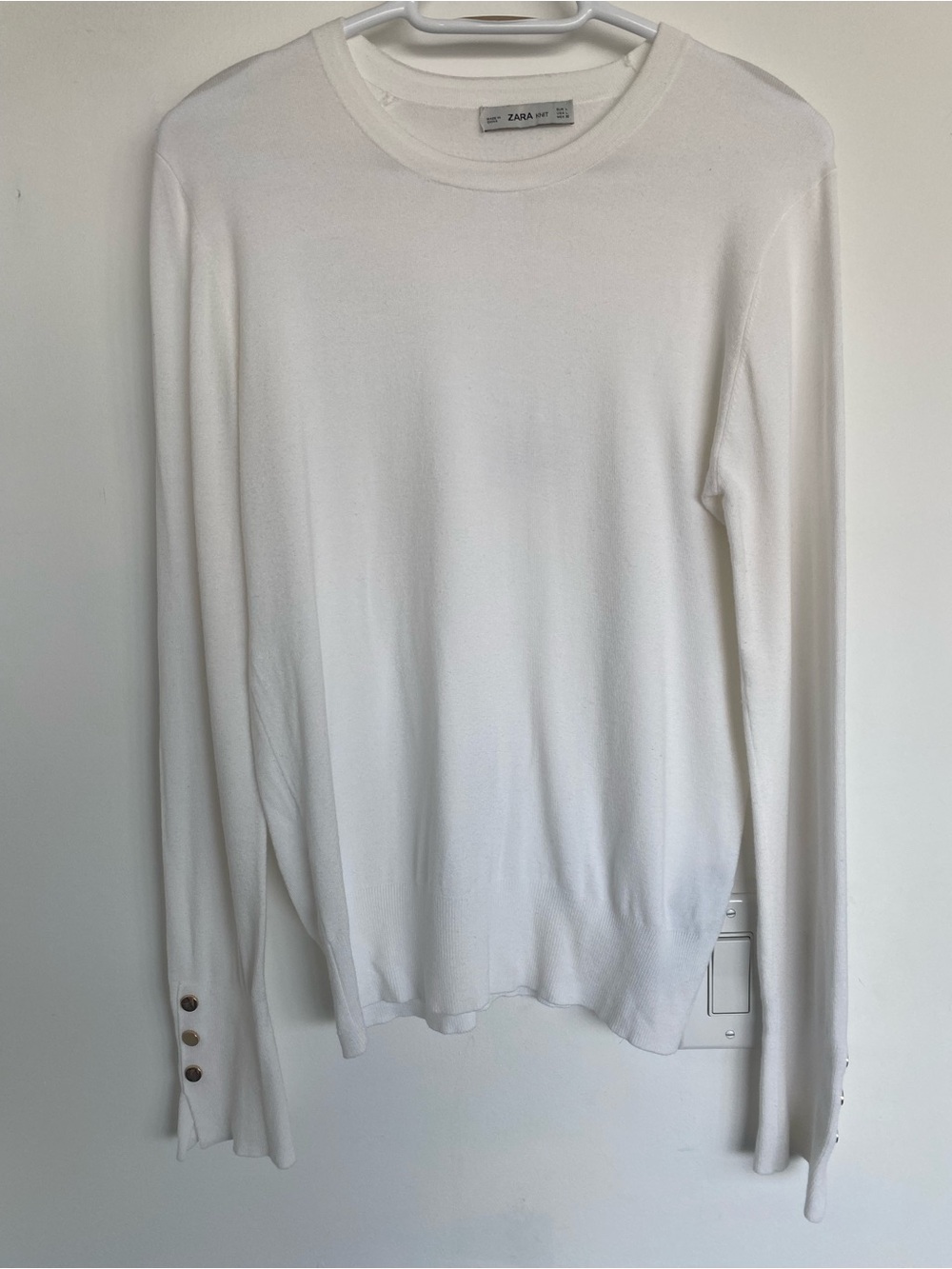 Zara Cream Lightweight Crewneck Sweater with Cuff Buttons